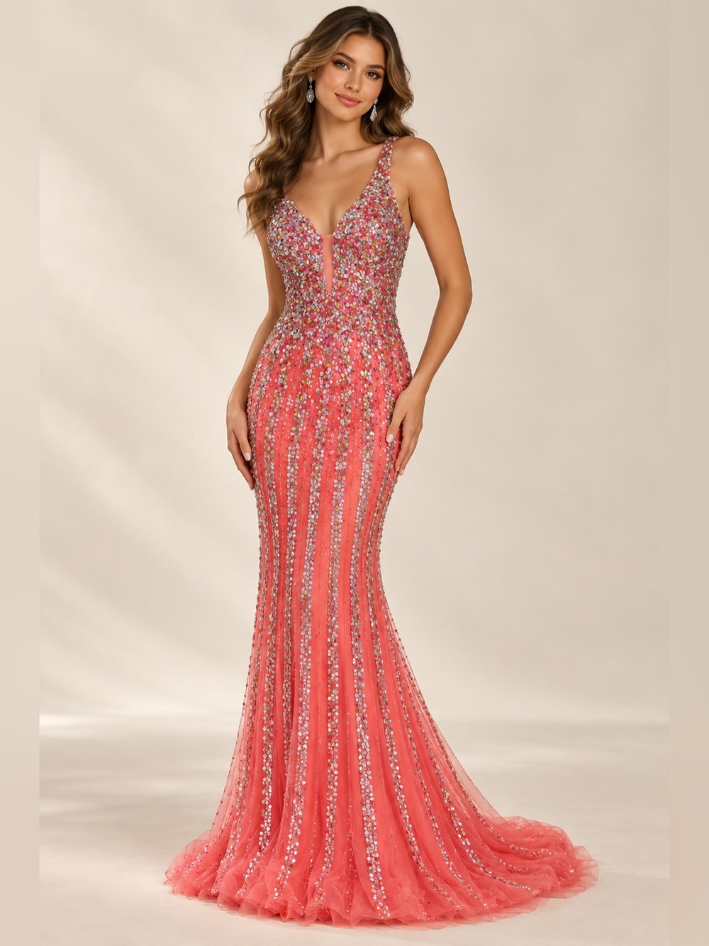 Dave & Johnny Size 3/4 Coral Crystal Beaded Mermaid Prom Evening Gown